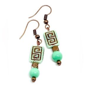 Light Mint Green Bronze Greek Key Czech Glass Rectangle Copper Dangle Earrings